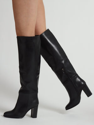 Lottie Black Leather High Block Heel Knee Boots