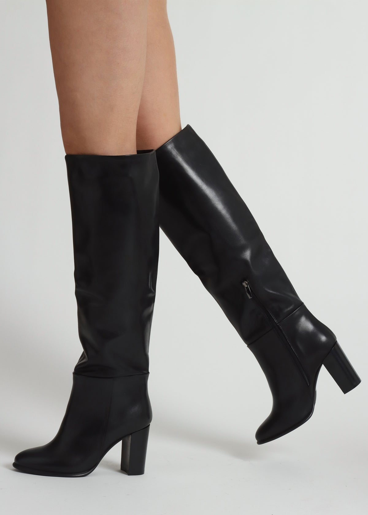Lottie Black Leather High Block Heel Knee Boots