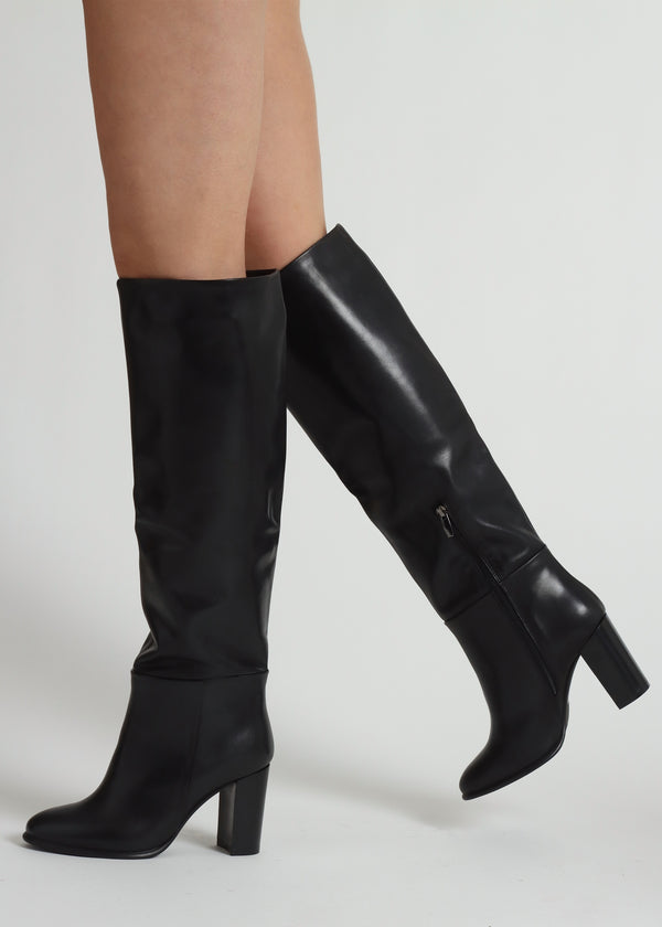 Lottie Black Leather High Block Heel Knee Boots