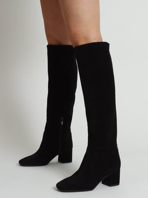 Lala Black Suede Mid-Block Heel Knee Boots