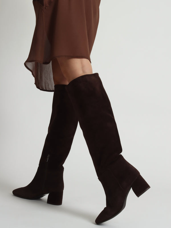 Lala Brown Suede Mid-Block Heel Knee Boots