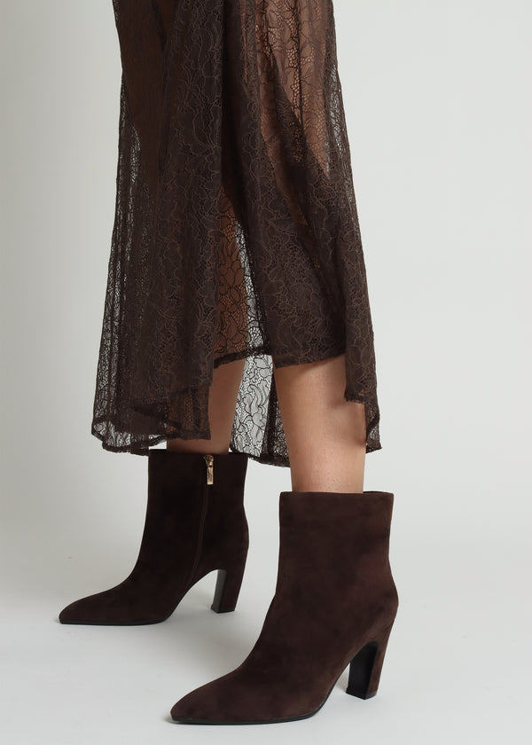 Suzie Brown Suede Curved Heel Ankle Boots