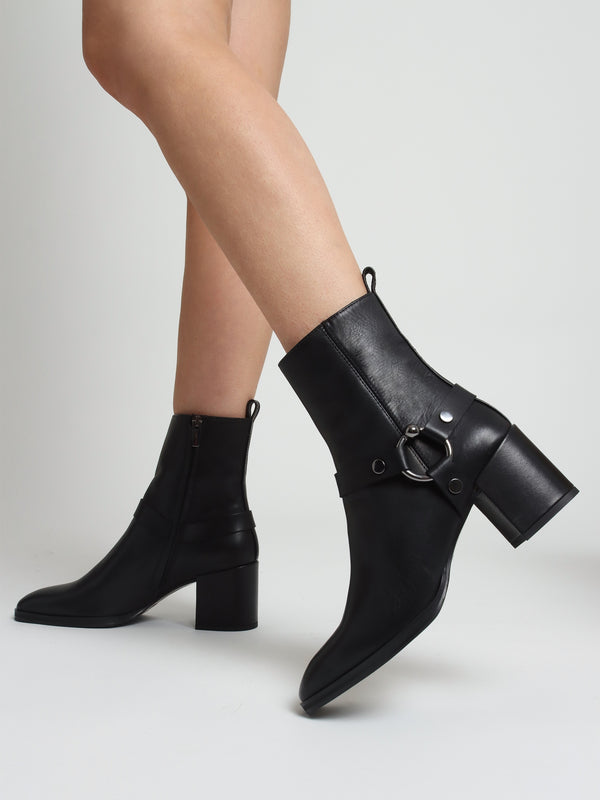 Faith Black Leather Stirrup Block Heel Ankle Boots