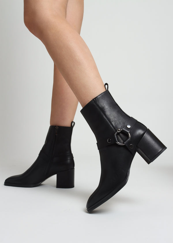 Faith Black Leather Stirrup Block Heel Ankle Boots