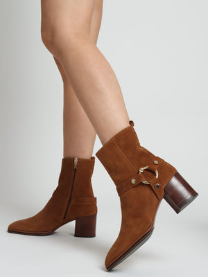 Faith Tan Suede Stirrup Block Heel Ankle Boots