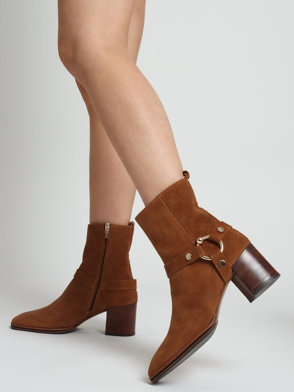 Faith Tan Suede Stirrup Block Heel Ankle Boots