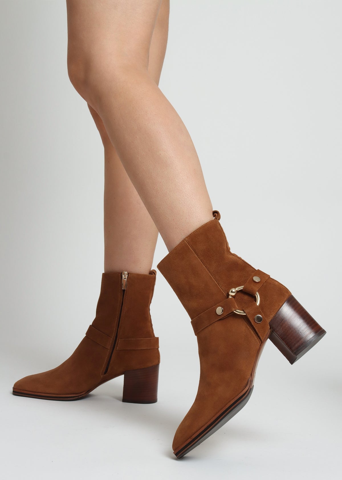 Faith Tan Suede Stirrup Block Heel Ankle Boots