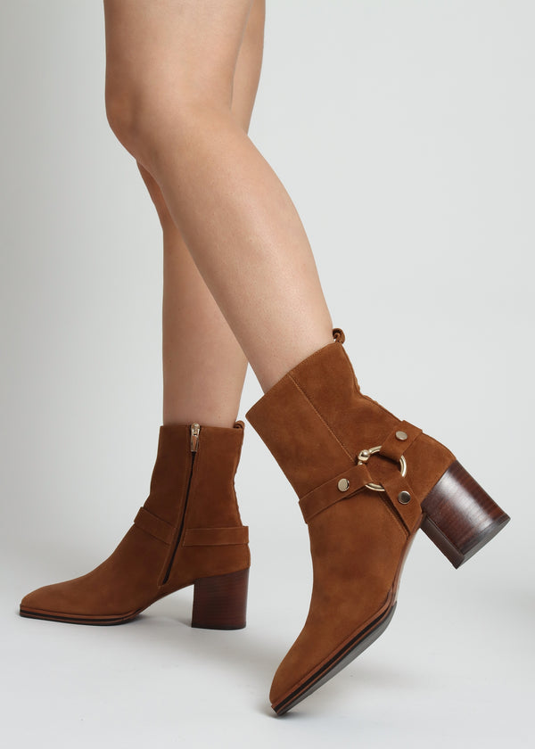 Faith Tan Suede Stirrup Block Heel Ankle Boots