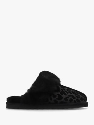 Shut Black Leopard Sheepskin Twinface Slippers