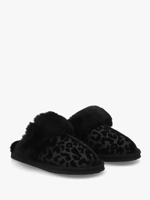 Shut Black Leopard Sheepskin Twinface Slippers