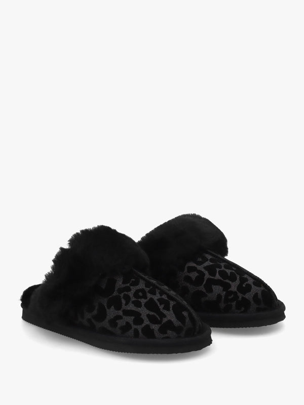 Shut Black Leopard Sheepskin Twinface Slippers