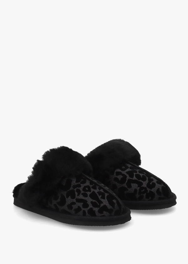 Shut Black Leopard Sheepskin Twinface Slippers