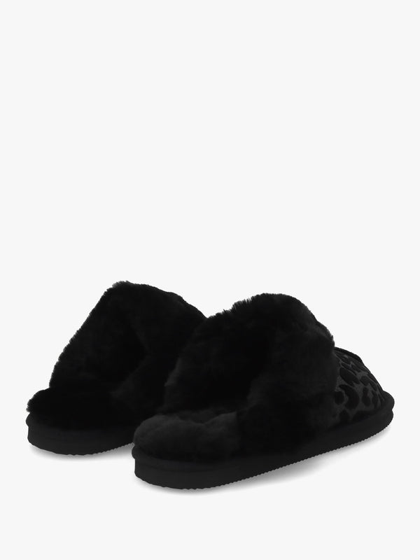 Shut Black Leopard Sheepskin Twinface Slippers