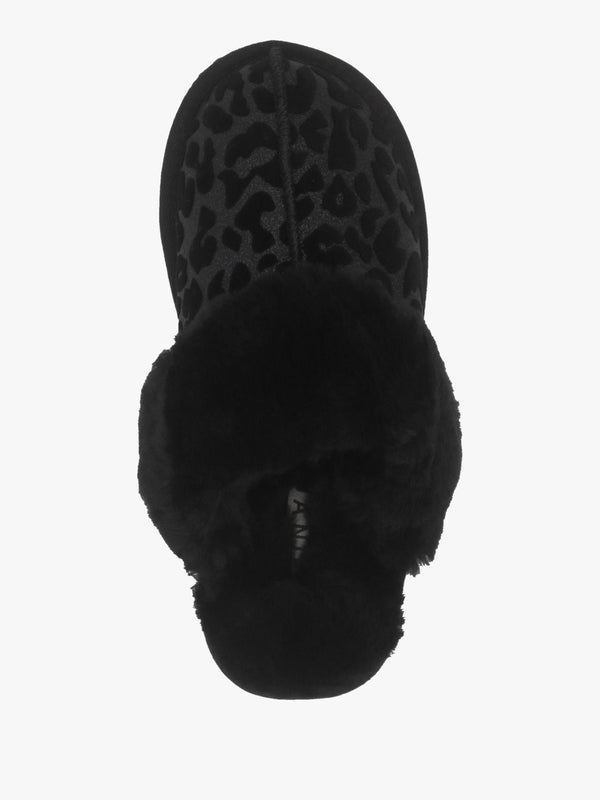 Shut Black Leopard Sheepskin Twinface Slippers