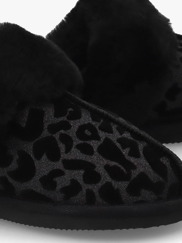Shut Black Leopard Sheepskin Twinface Slippers