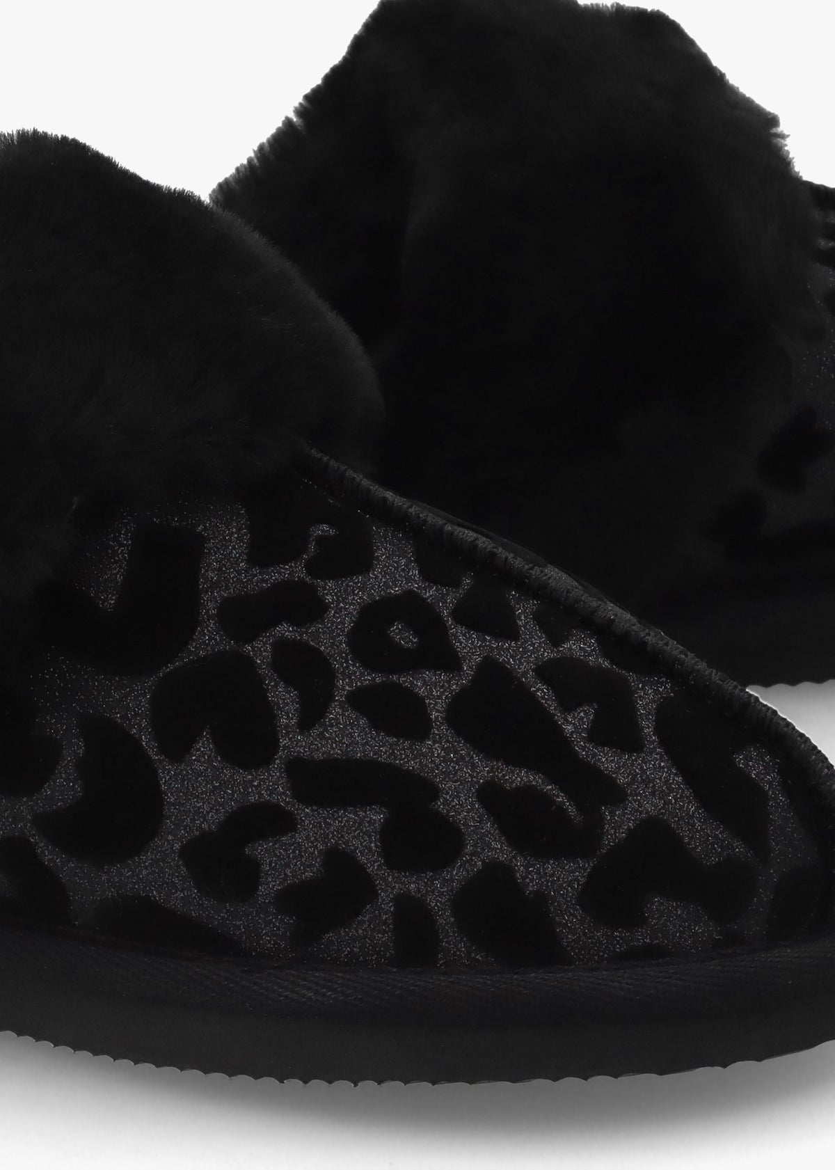 Shut Black Leopard Sheepskin Twinface Slippers