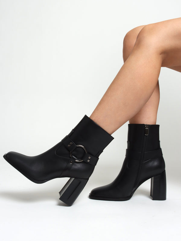 Sarny Black Leather Block Heel Ankle Boots