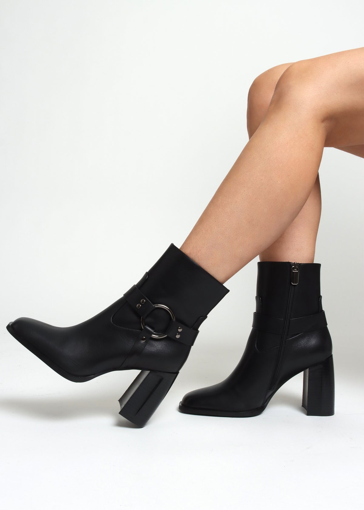 Sarny Black Leather Block Heel Ankle Boots