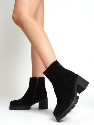 Ajewel Black Suede Embellished Block Heel Ankle Boots