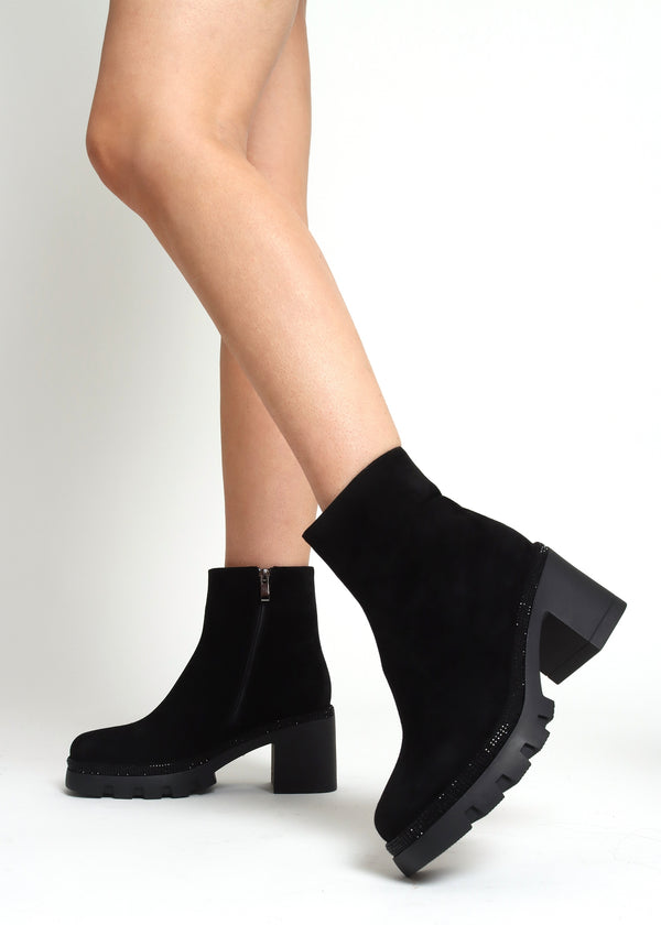 Ajewel Black Suede Embellished Block Heel Ankle Boots
