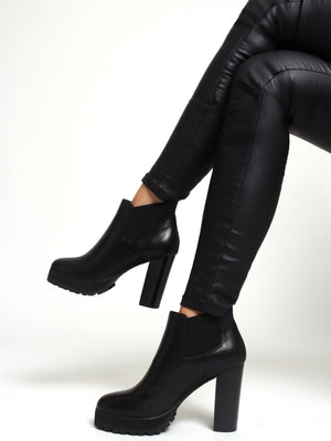 Shlock Black Leather Low Cut Platform Block Heel Ankle Boots