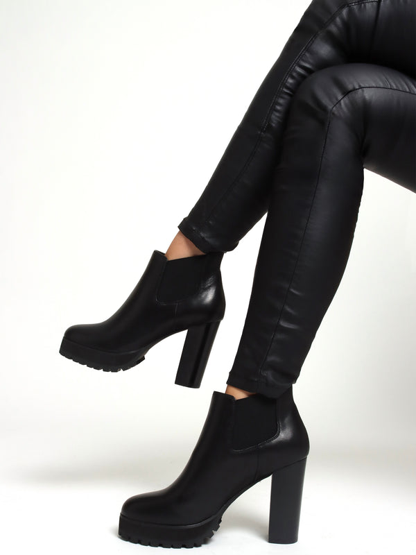 Shlock Black Leather Low Cut Platform Block Heel Ankle Boots