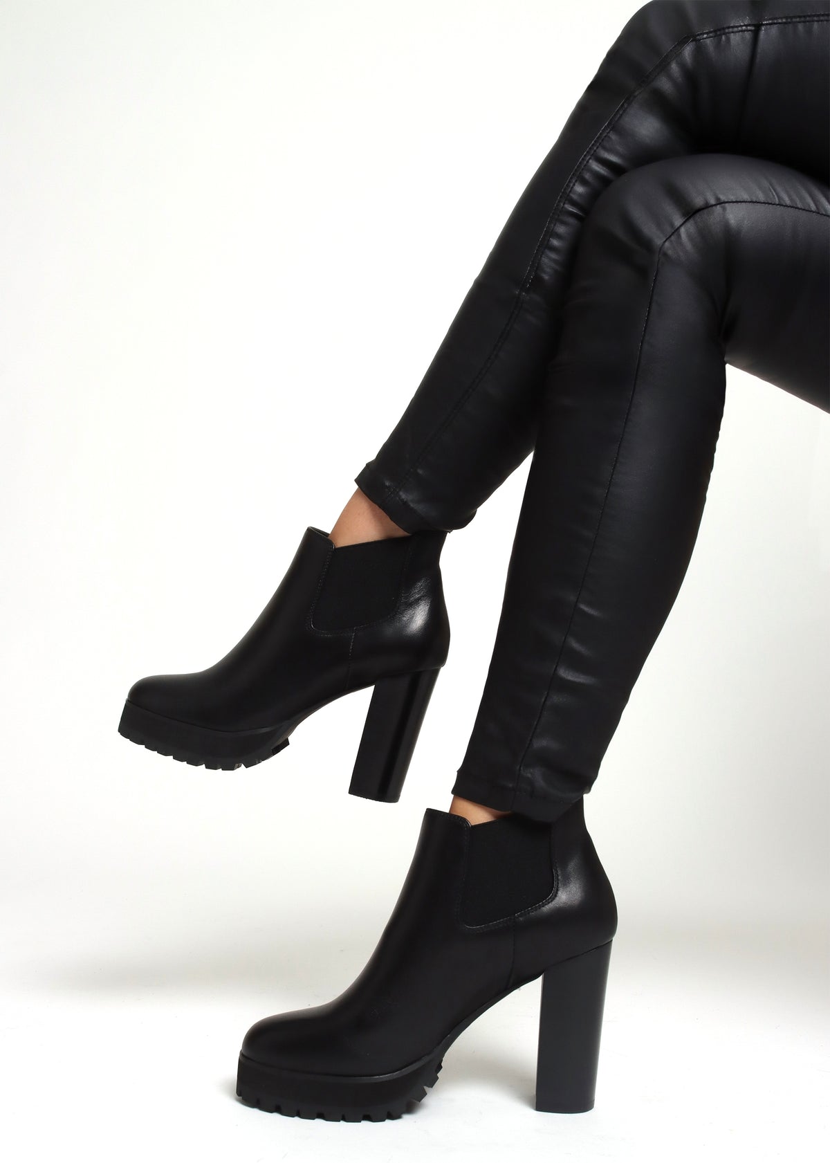 Shlock Black Leather Low Cut Platform Block Heel Ankle Boots