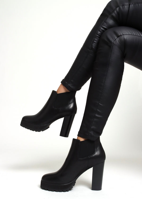 Shlock Black Leather Low Cut Platform Block Heel Ankle Boots