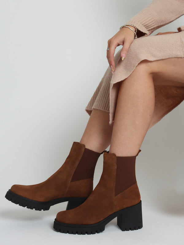 Luxor Tan Suede Block Heel Chelsea Boots