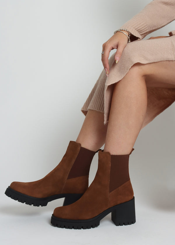 Luxor Tan Suede Block Heel Chelsea Boots