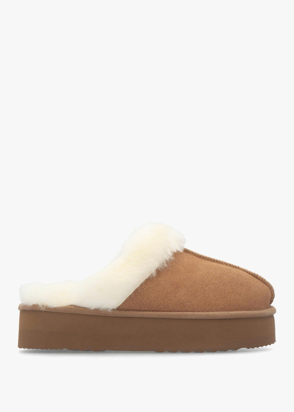 Shut Platform Tan Twinface Sheepskin Slippers