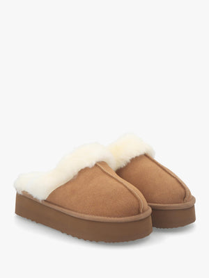 Shut Platform Tan Twinface Sheepskin Slippers