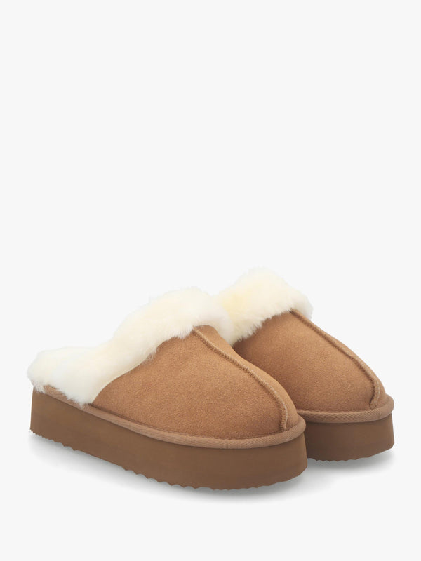 Shut Platform Tan Twinface Sheepskin Slippers
