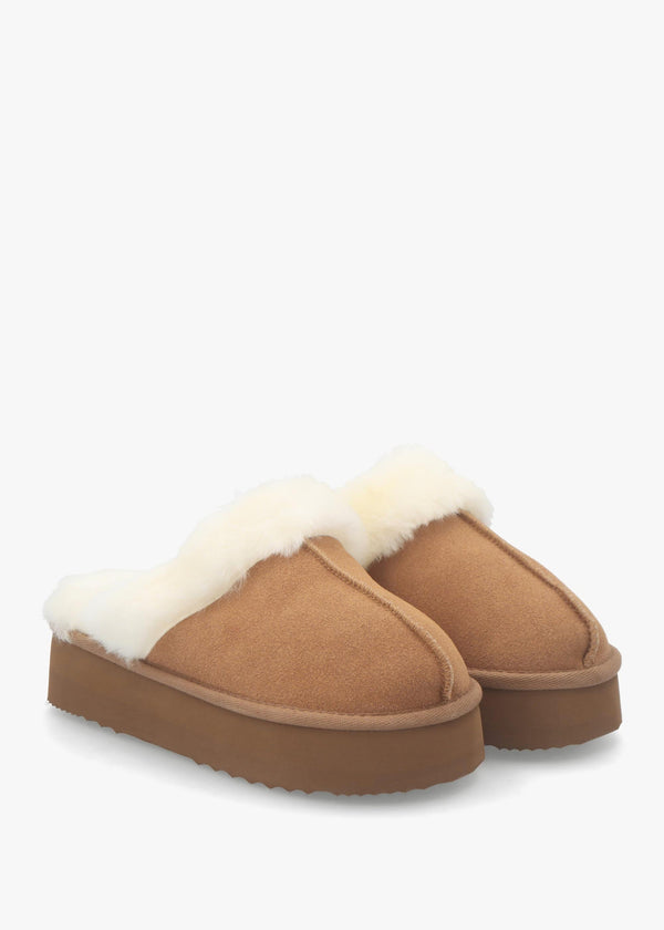Shut Platform Tan Twinface Sheepskin Slippers