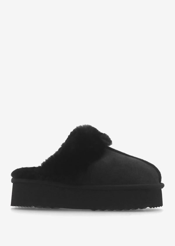 Shut Platform Black Twinface Sheepskin Slippers