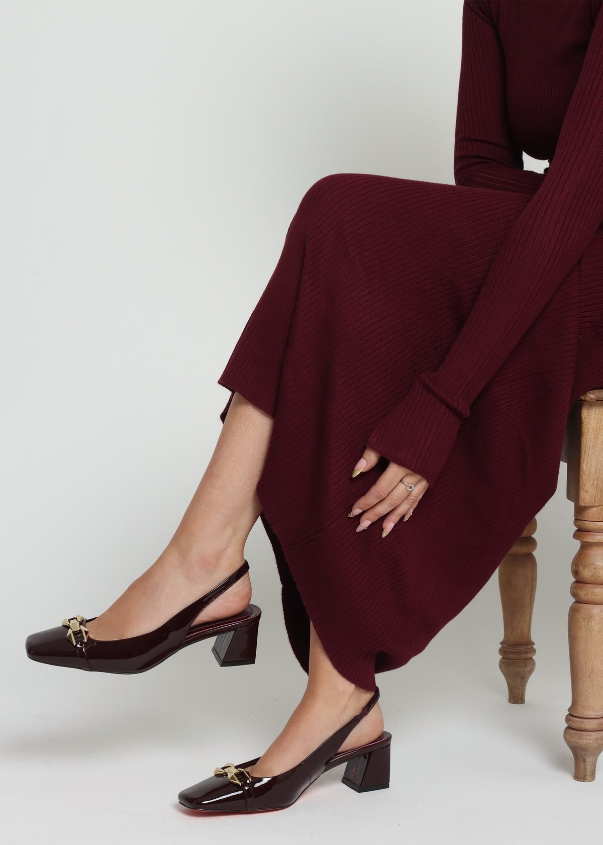 Sachay Burgundy Patent Leather Sling Back Court Shoes