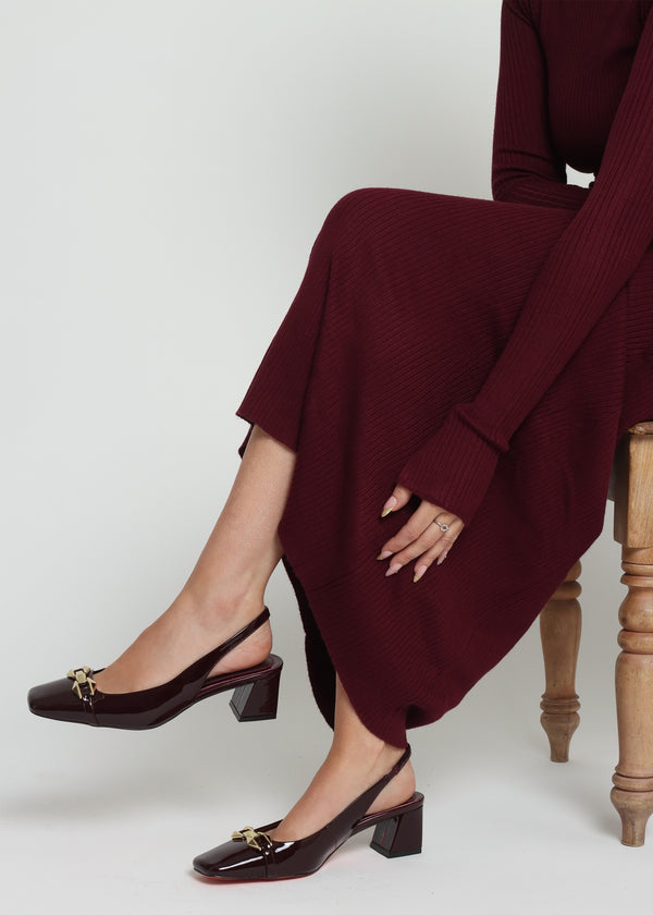 Sachay Burgundy Patent Leather Sling Back Court Shoes