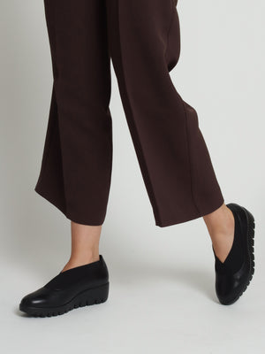 Cora Black Leather Elasticated Crossover Wedge Shoes