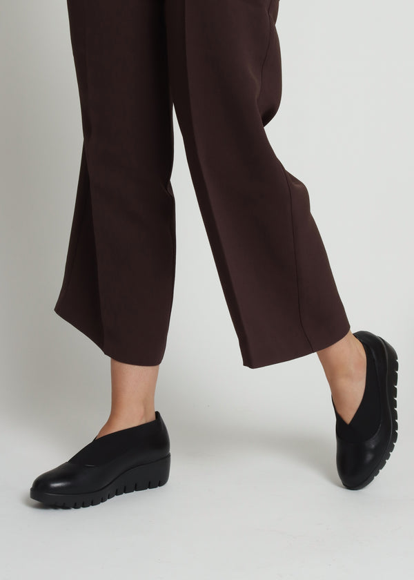 Cora Black Leather Elasticated Crossover Wedge Shoes