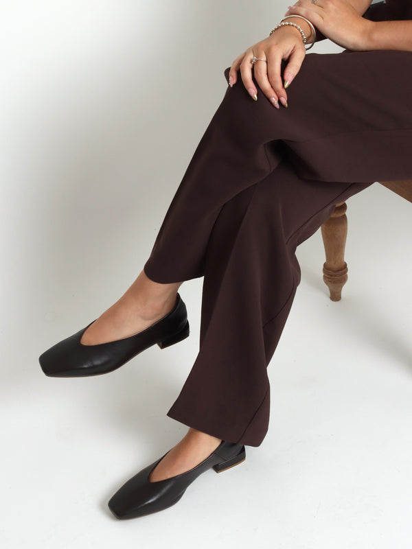 Saria Brown Leather Square Toe Ballet Pumps