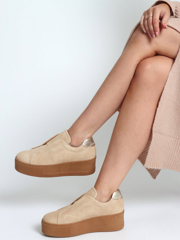 Tred Beige Suede Laceless Flatform Trainers