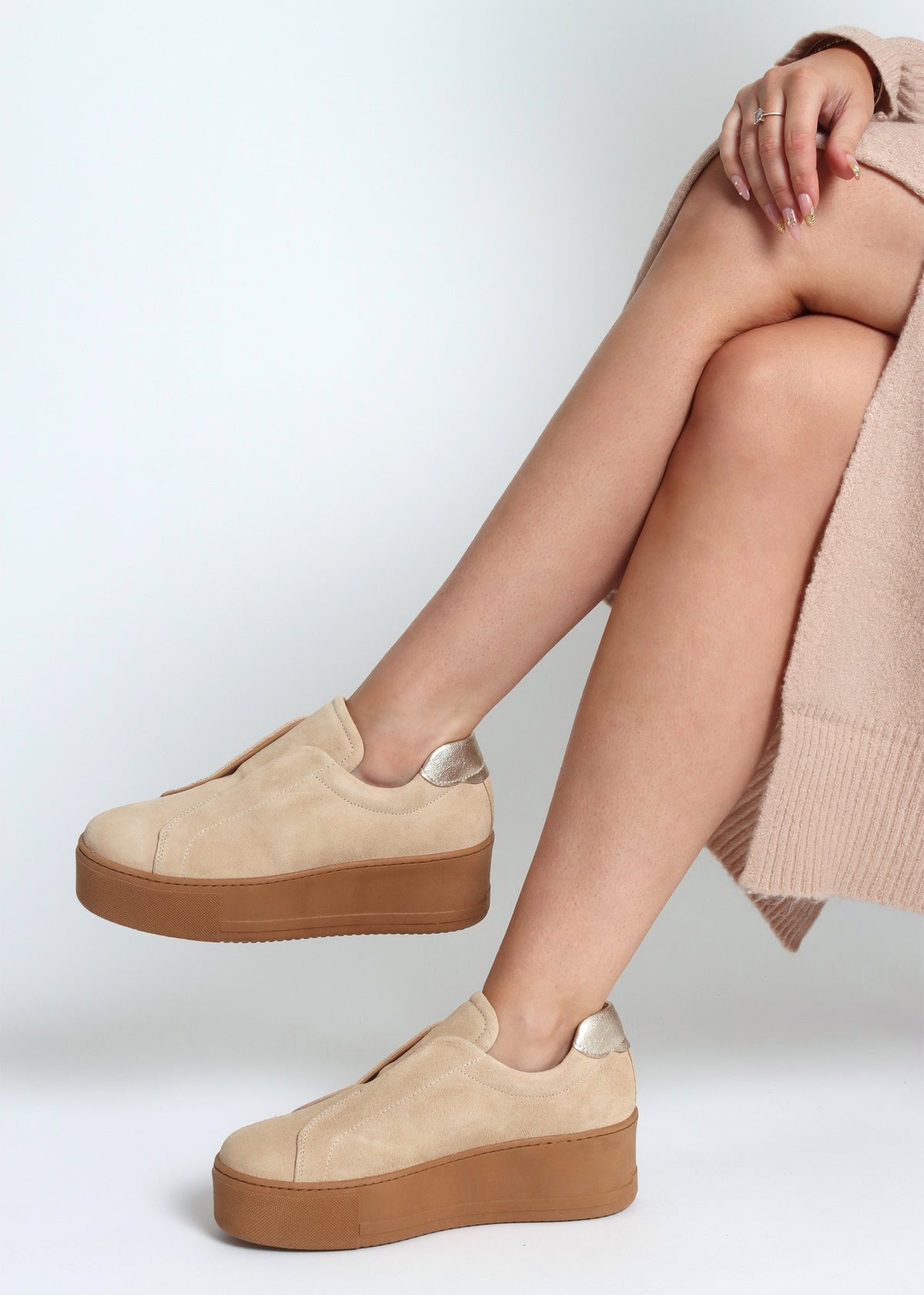 Tred Beige Suede Laceless Flatform Trainers