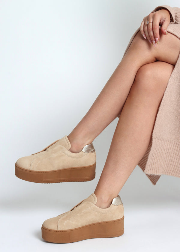 Tred Beige Suede Laceless Flatform Trainers