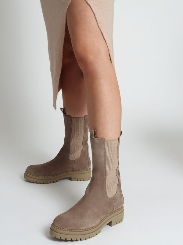 Izzie Taupe Suede Elongated Chelsea Boots