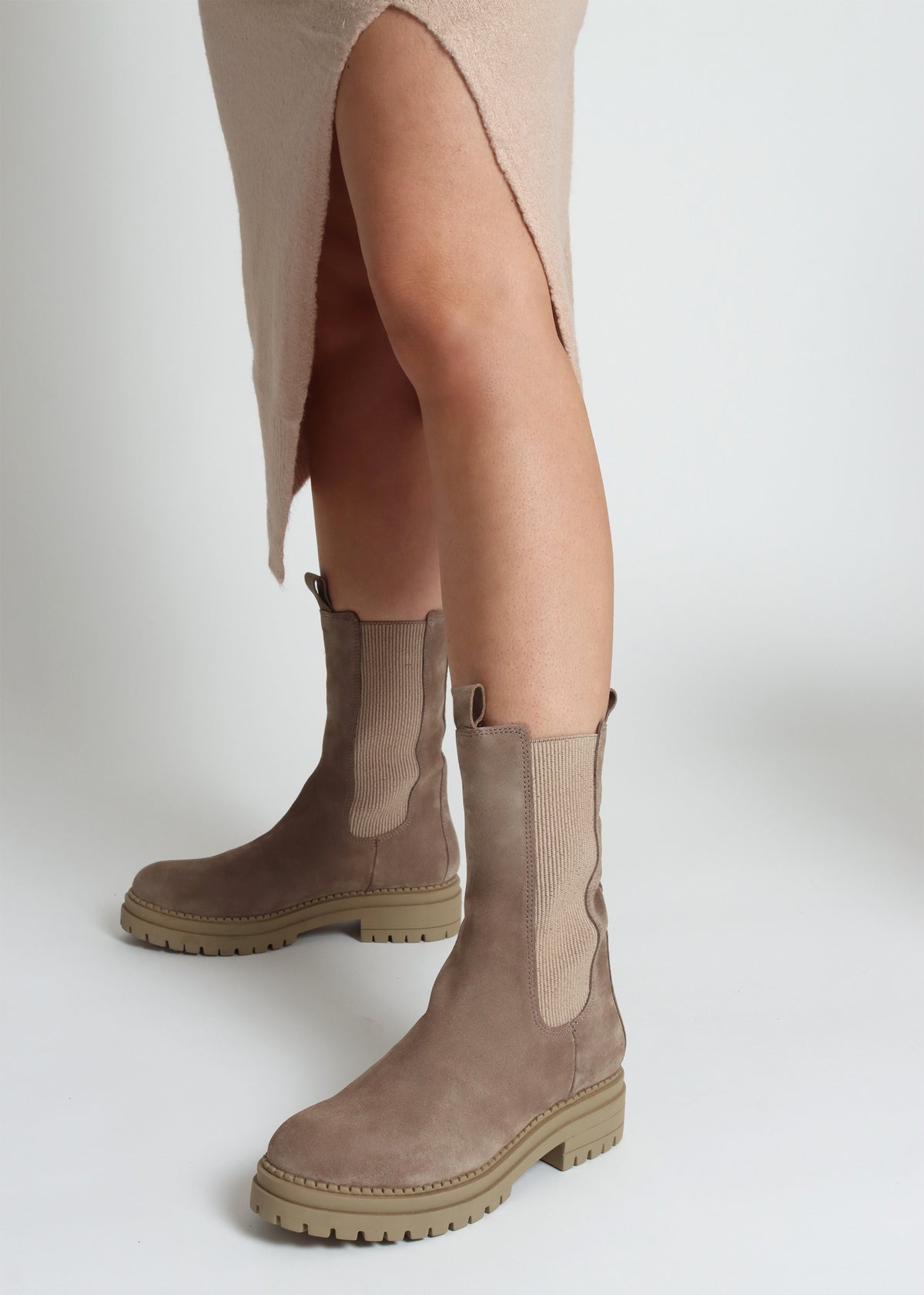 Izzie Taupe Suede Elongated Chelsea Boots