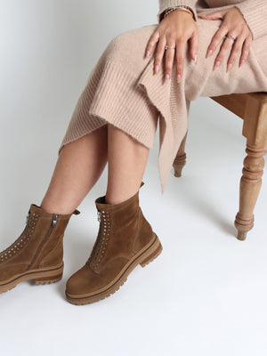 Istuds Tan Suede Zip Front Ankle Boots