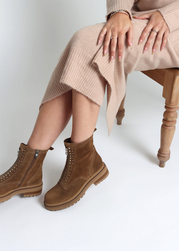 Istuds Tan Suede Zip Front Ankle Boots