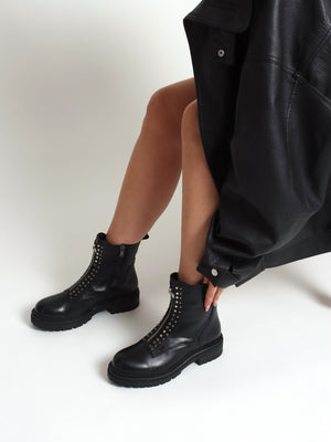 Istuds Black Leather Zip Front Ankle Boots