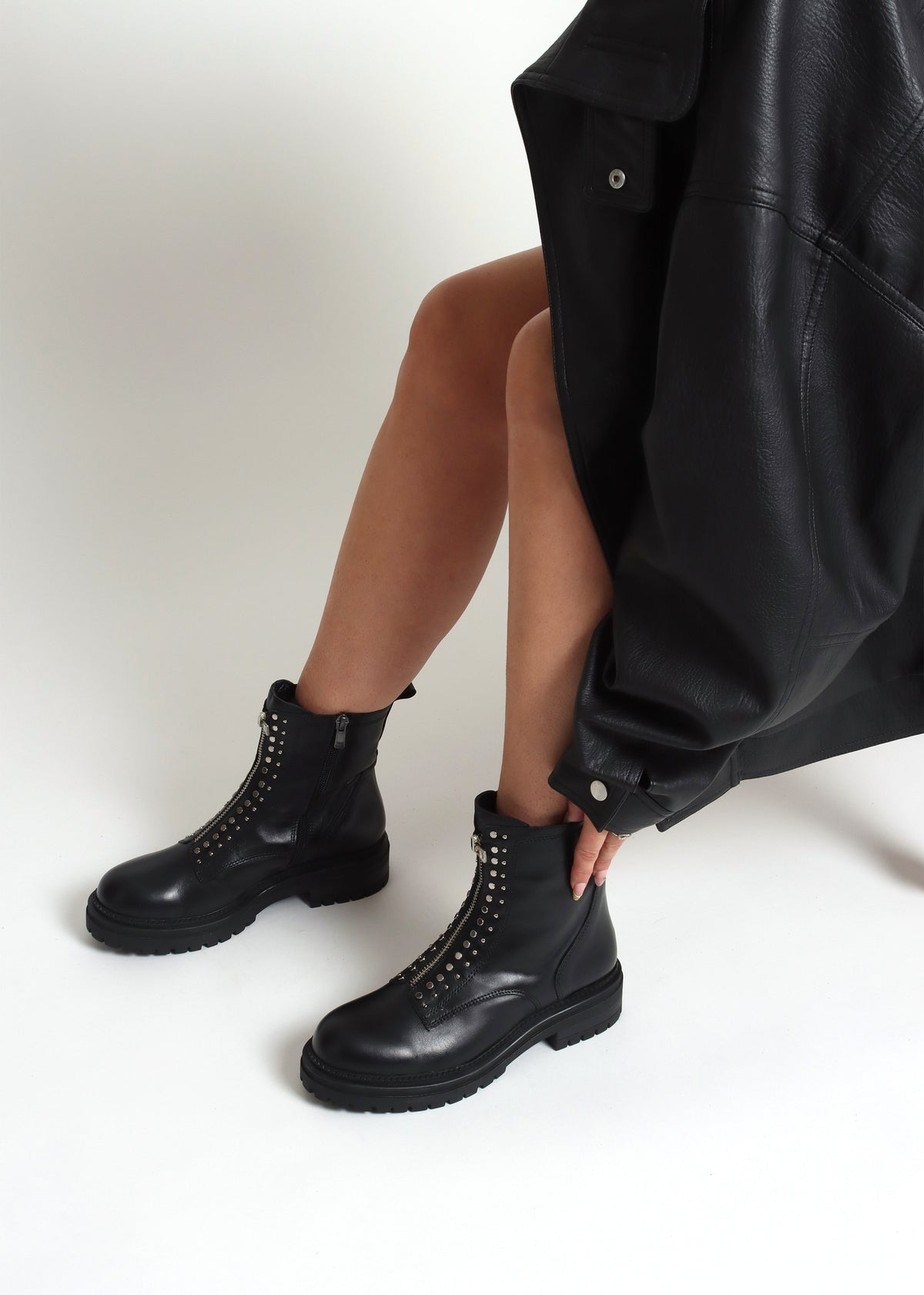 Istuds Black Leather Zip Front Ankle Boots