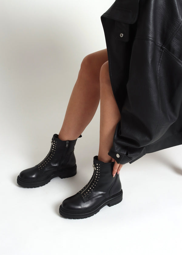 Istuds Black Leather Zip Front Ankle Boots